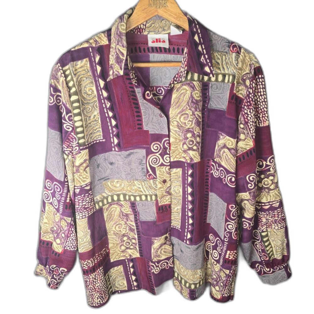 Alia Button Front Blouse Purple Gold Paisley Patchwork Size 18 Boho Long Sleeve